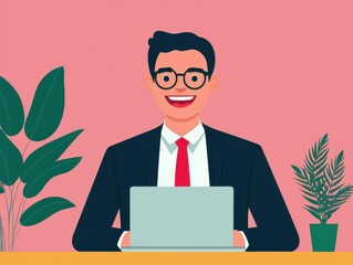 A cheerful businessman smiling at a laptop while sitting at a desk, surrounded by green plants in a modern office setting.