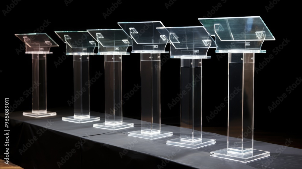 Poster five clear acrylic lecterns stand in a row on a black tablecloth. the lecterns are empty and ready f