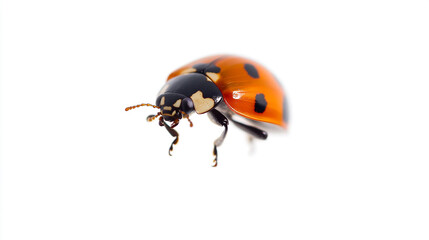 Close-up view of a vibrant ladybug perched on a white surface in a natural setting showcasing its striking colors and details