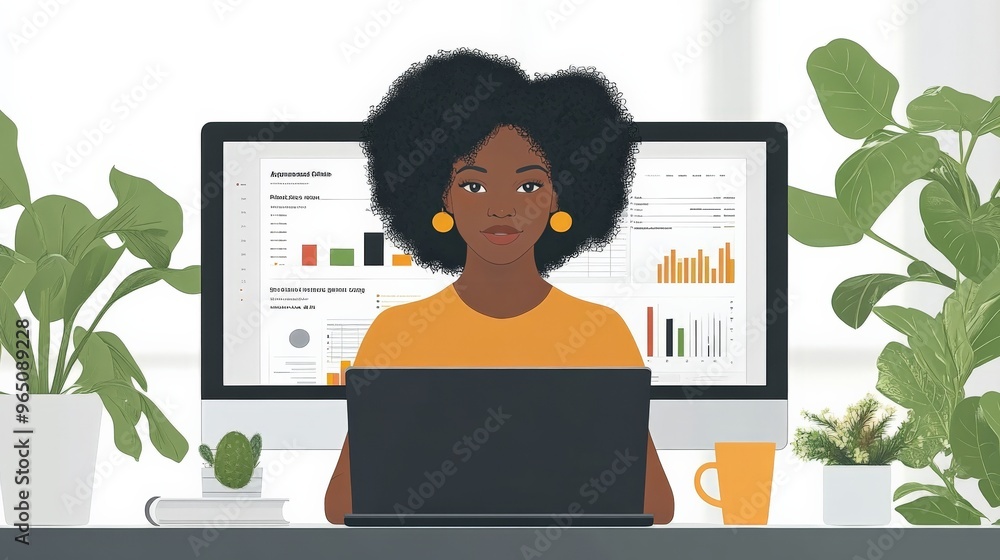 Poster focused on the data: a confident businesswoman analyzes charts and graphs on her computer, showcasin