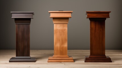 Three wooden pedestals stand on a light wood floor against a gray background.