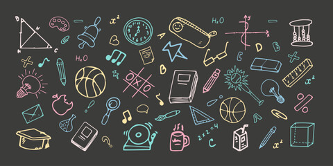 Doodle Icons Set School Supplies for Kids. Modern Collection Education Elements. Vector Illustration Hand Drawn icons, Book, Clock, Cube, Bulb, Basketball, Book, pen, notes, Brush, Magnifying glass.