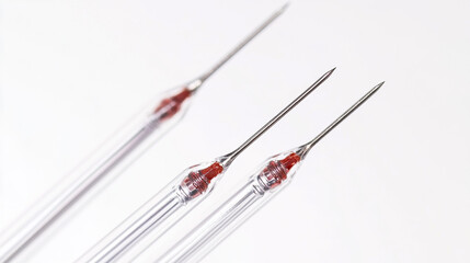 Close-up view of medical syringes with needles showcasing their precision and design on a neutral background
