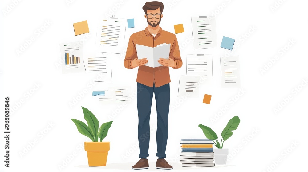 Poster mastering the workflow: a focused professional navigates a flurry of documents, symbolizing organiza