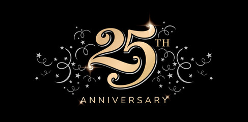 25th anniversary logo with golden color and silver stars confetti isolated black backgrounds for greeting cards, invitations, Wedding anniversary , banner and celebration company or business corporate