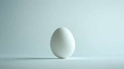 A single white egg stands on its end on a white surface.