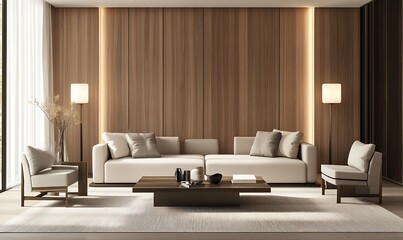 Contemporary Living Room with Minimalist Wood Paneling, Sleek Furniture, and Monochromatic Palette for a Warm and Cozy Interior