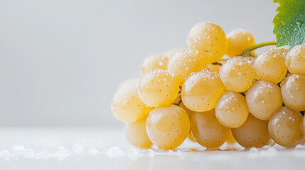 Fototapeta premium Fresh yellow grapes covered in droplets resting on a white surface with greenery nearby during a bright, sunny day