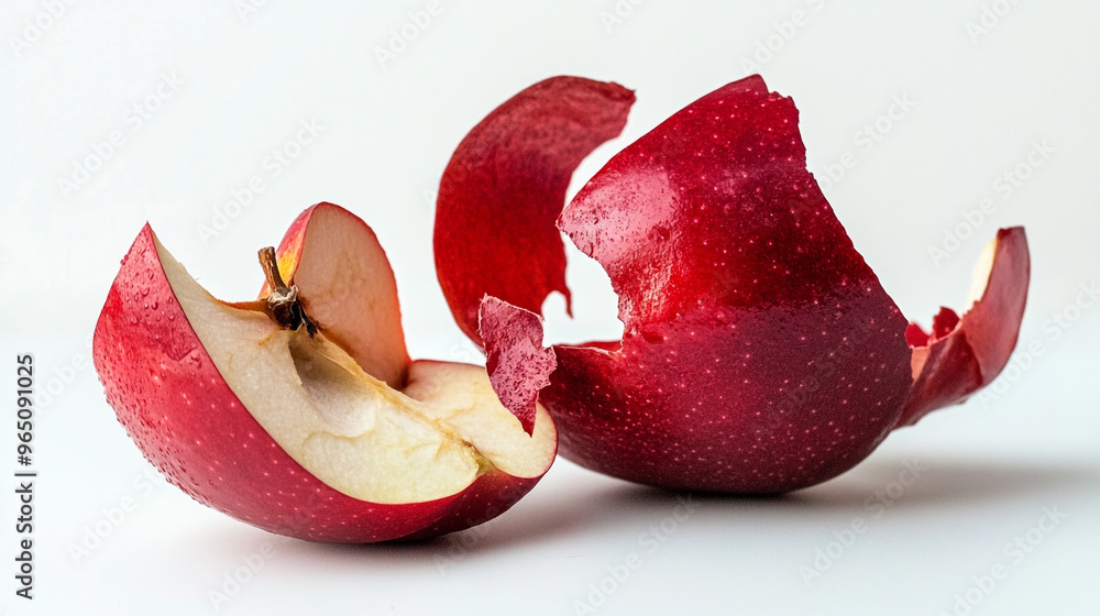Poster sliced red apple skin with exposed fruit on a light background in a minimalist setting