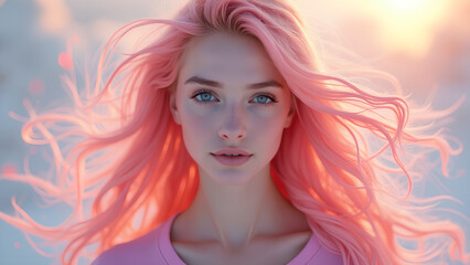 Fototapeta premium In a mesmerizing whirl of vibrant colors an immaculate exquisite digital picture of photo-realistic Scandinavian woman stands in stark contrast against a soft pastel background
