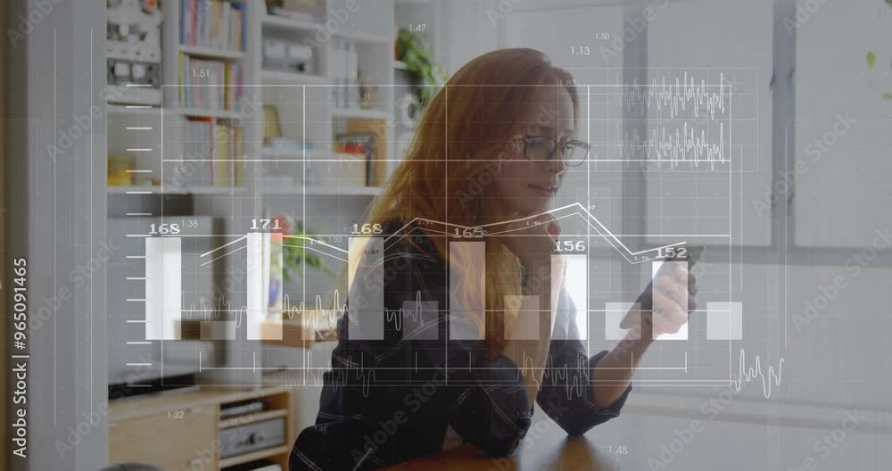 Poster animation of diagrams and data processing over caucasian businesswoman using smartphone