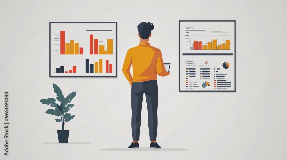 Poster data-driven insights: a contemplative businessman, coffee in hand, analyzes colorful charts and grap