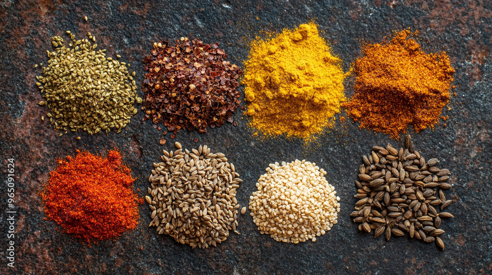 Poster a vibrant array of spices arranged on a dark surface showcasing flavors from around the world
