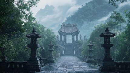 Fototapeta premium Ancient Misty Temple Nestled in Lush Forest Landscape with Ornate Architecture