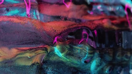 Vertical video. Paint skull. Glitter fluid spill. Occult witchcraft. Blur metallic colorful shiny texture ink drip scary skeleton head on dark black abstract art background. - Powered by Adobe