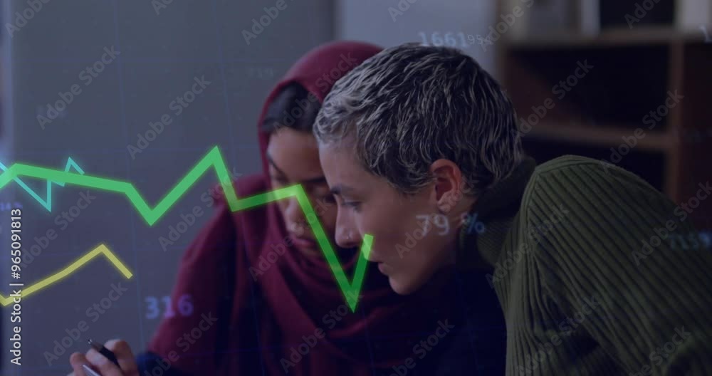 Poster animation of diagrams and data processing over biracial businesswomen using smartphone