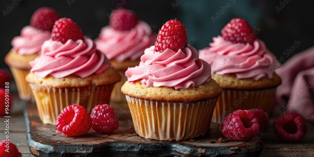 Poster raspberry cupcakes topped with smooth cream cheese frosting