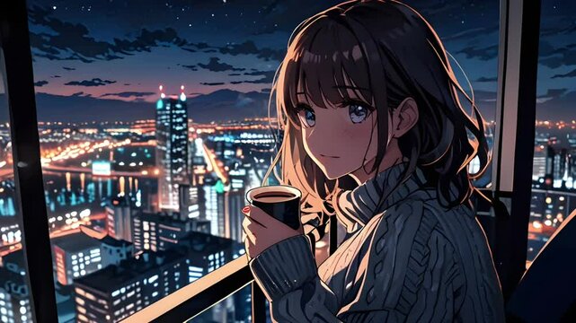 A girl on a rooftop at night holding a cup of coffee. anime style. Seamless 4K looping timelapse video animation background
