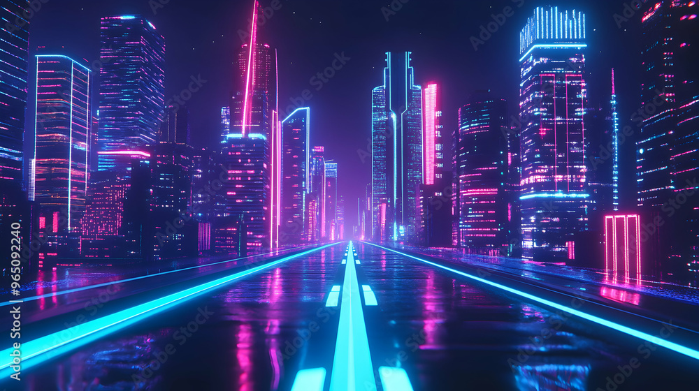 Wall mural Futuristic neon cityscape with empty street.