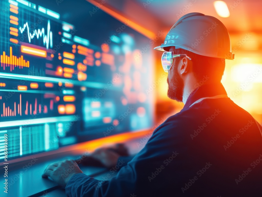 Poster engineer monitors data on digital screens, showcasing advanced technology in a modern workspace.
