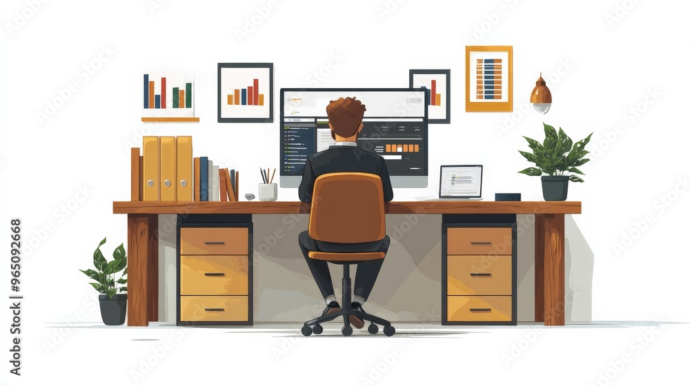 Poster focused on the data: a businessman sits at his desk, immersed in data and analysis on a computer scr