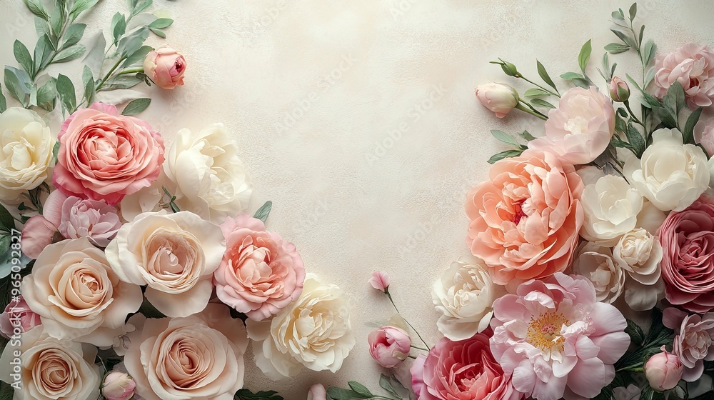 Poster pink and white roses and peonies with greenery on a light background