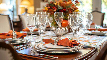 Fototapeta premium A beautifully arranged Thanksgiving table with folded napkins, polished silverware, and a festive table runner in warm autumn colors 