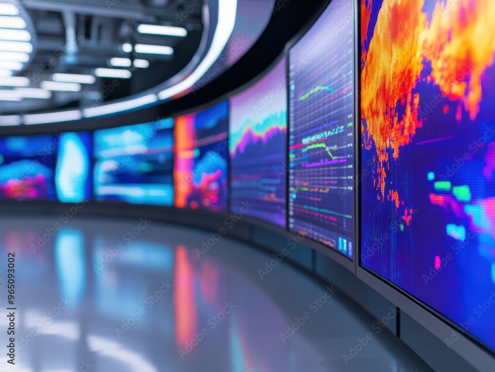Poster futuristic digital display wall showcasing vibrant data visualizations in a modern technological env