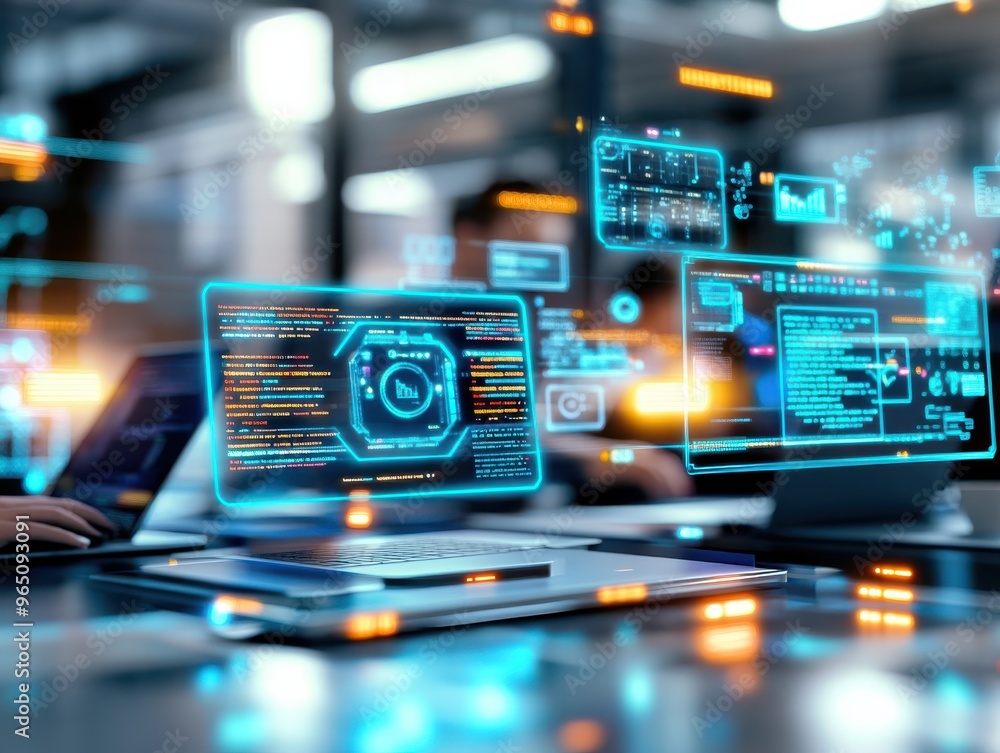 Poster futuristic workspace showcasing advanced technology with holographic displays and multiple laptops f