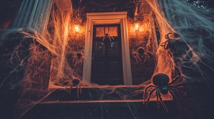 A Spooky Front Porch Decorated with Cobwebs and Spiders