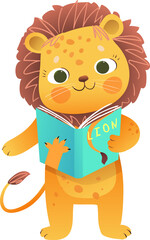 Baby Lion reading a book, cute kids library and school illustration. Study and education graphics for children. Lion animal reading book. Vector cartoon clip art for kids education.