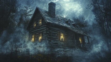 Fototapeta premium A Haunting Cabin in a Foggy, Dark Forest