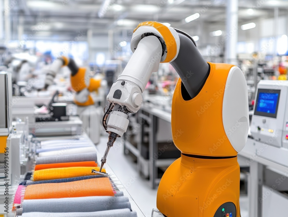 Poster innovative robotic arm working on an assembly line, showcasing automation in modern manufacturing en