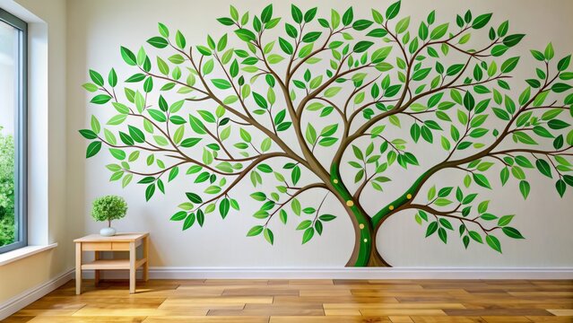 Vibrant green leaves and delicate patterns dance across this decorative tree and branch wall sticker, transporting you