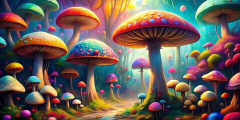 Vibrant mushroom forms burst forth in a kaleidoscope of colors, a whimsical abstract art that beckons the viewer