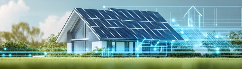 Modern house with solar panels and digital overlay representing energy efficiency and sustainability in architecture.