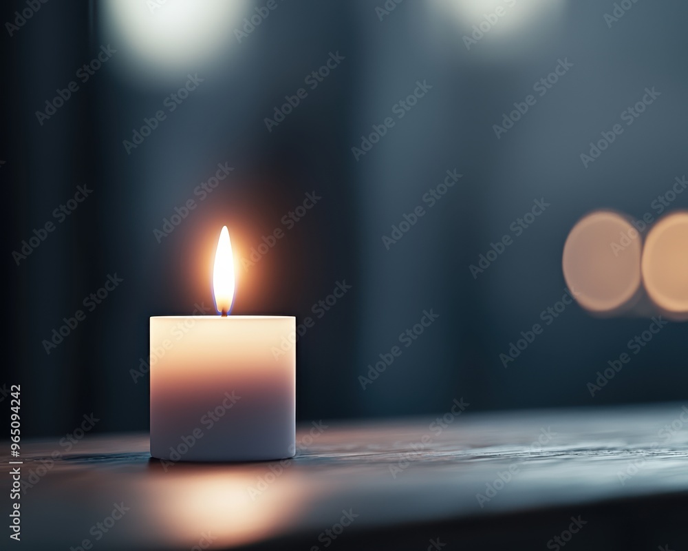 Poster a serene candle with a gentle flame, casting warm light and creating a tranquil atmosphere in a diml