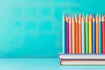 Colorful pencils arranged on stacked books.
