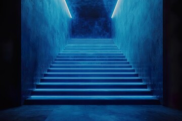 Futuristic blue-lit staircase in a dimly lit space.