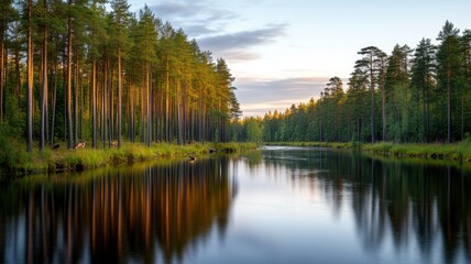 Obraz premium Tranquil lake surrounded by lush pine trees reflecting the serene sky at sunset, ideal for nature lovers and outdoor enthusiasts.