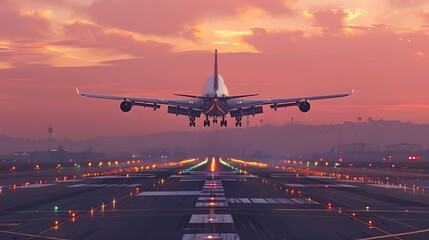 Airplane take off from runway airport during sunset, rear view from the end of the runway.