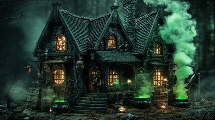 Fototapeta premium A Glowing Green Cottage Amidst Smoke and Fog