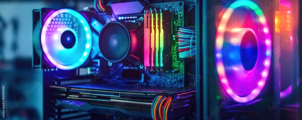 Poster Vibrant close-up of a modern computer setup showcasing RGB lighting and high-performance components, perfect for tech enthusiasts.