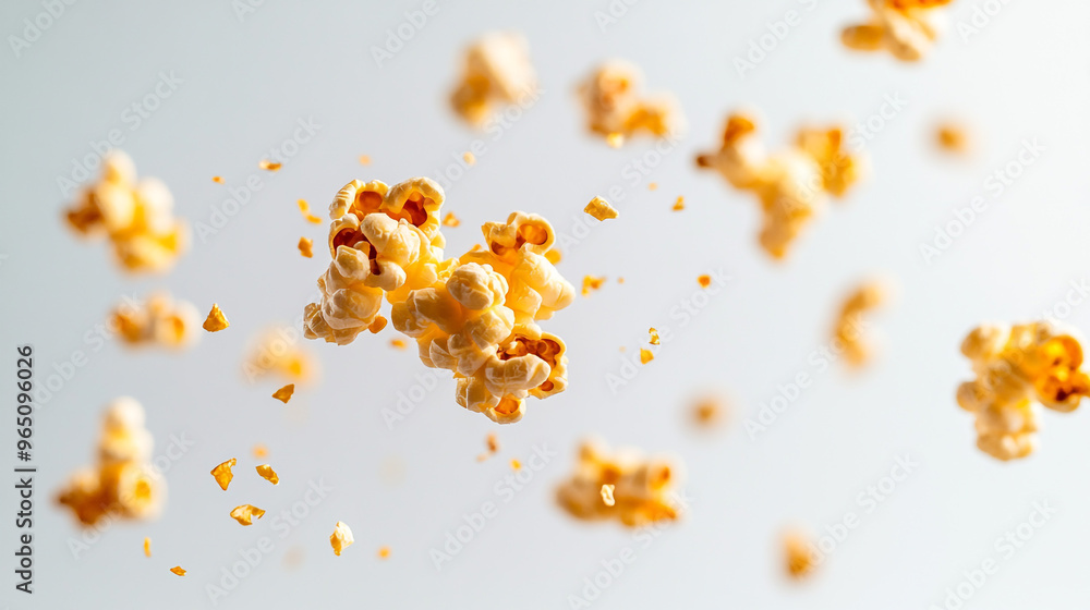Aufkleber floating popcorn kernels in bright light against a neutral background highlight the textures and sha