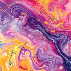 A vibrant marbling art piece with swirls of pink, yellow, and purple, blending together to form soft, flowing curves and intricate details. 8k UHD, suitable for high-quality printing or digital 