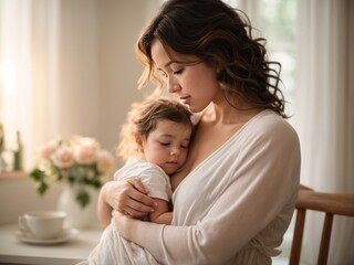 mother and baby in white room