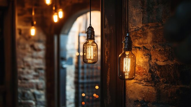 Vintage Edison Bulbs Illuminate a Cozy Wine Cellar at Night - Powered by Adobe