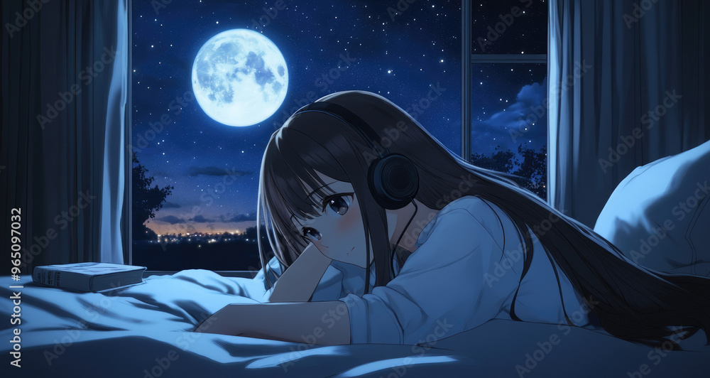 Wall mural An anime-style girl lying on a bed, wearing headphones and surrounded by a night sky with a moon and stars