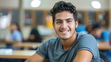 Obraz premium Smiling Latino student engaged in studies with copy space.