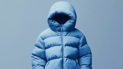 Blue puffer jacket on monochrome background